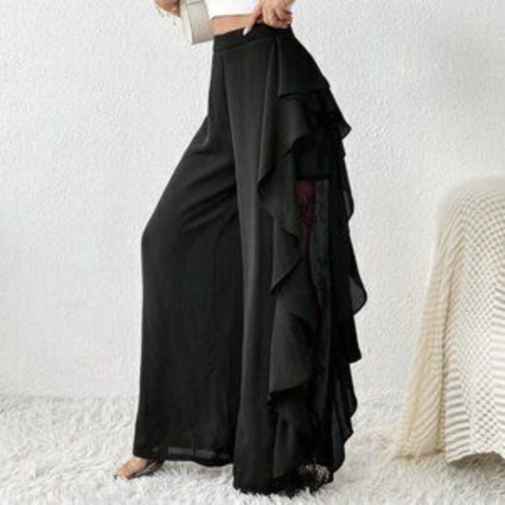 Black Elegant Women's Contrast Lace Ruffle Trim Wide Leg Pants